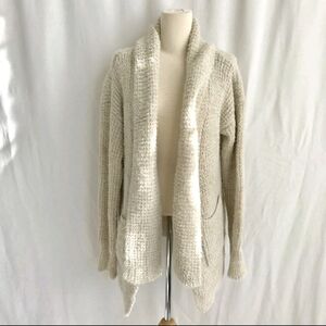 POL Women oatmeal Beige Fuzzy Knit Open Front Long Cardigan Pockets Medium